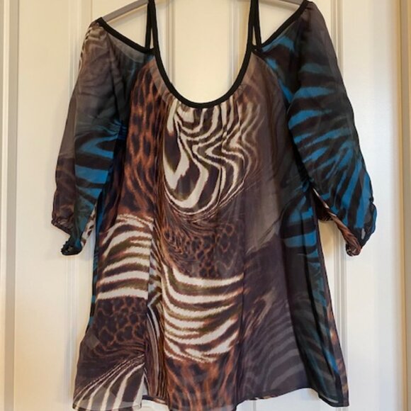 Bebe 100% Silk Cold Shoulder Blouse Animal Print Brown/Blue Size M - Picture 2 of 16